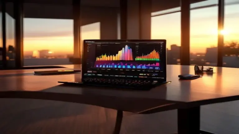 Cinematic workspace with a polished wooden desk, premium laptop displaying financial charts, warm golden hour lighting, soft Rembrandt lighting, 85mm lens, f/1.8