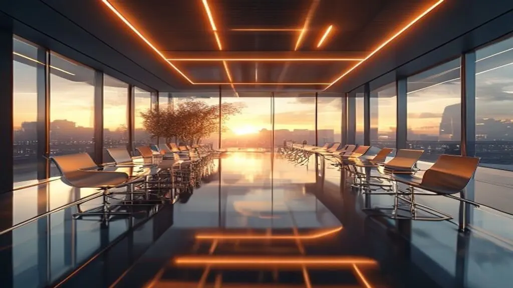 Cinematic, warm golden hour shot of a modern glass office boardroom, soft Rembrandt lighting, shot on 85mm lens, f/1.8, professional aesthetic